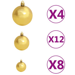 Set of three gold shatterproof Christmas ball ornaments in graduated sizes with quantities x4, x12, and x8.