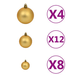 Set of three gold shatterproof Christmas ball ornaments in graduated sizes with quantities x4, x12, and x8.