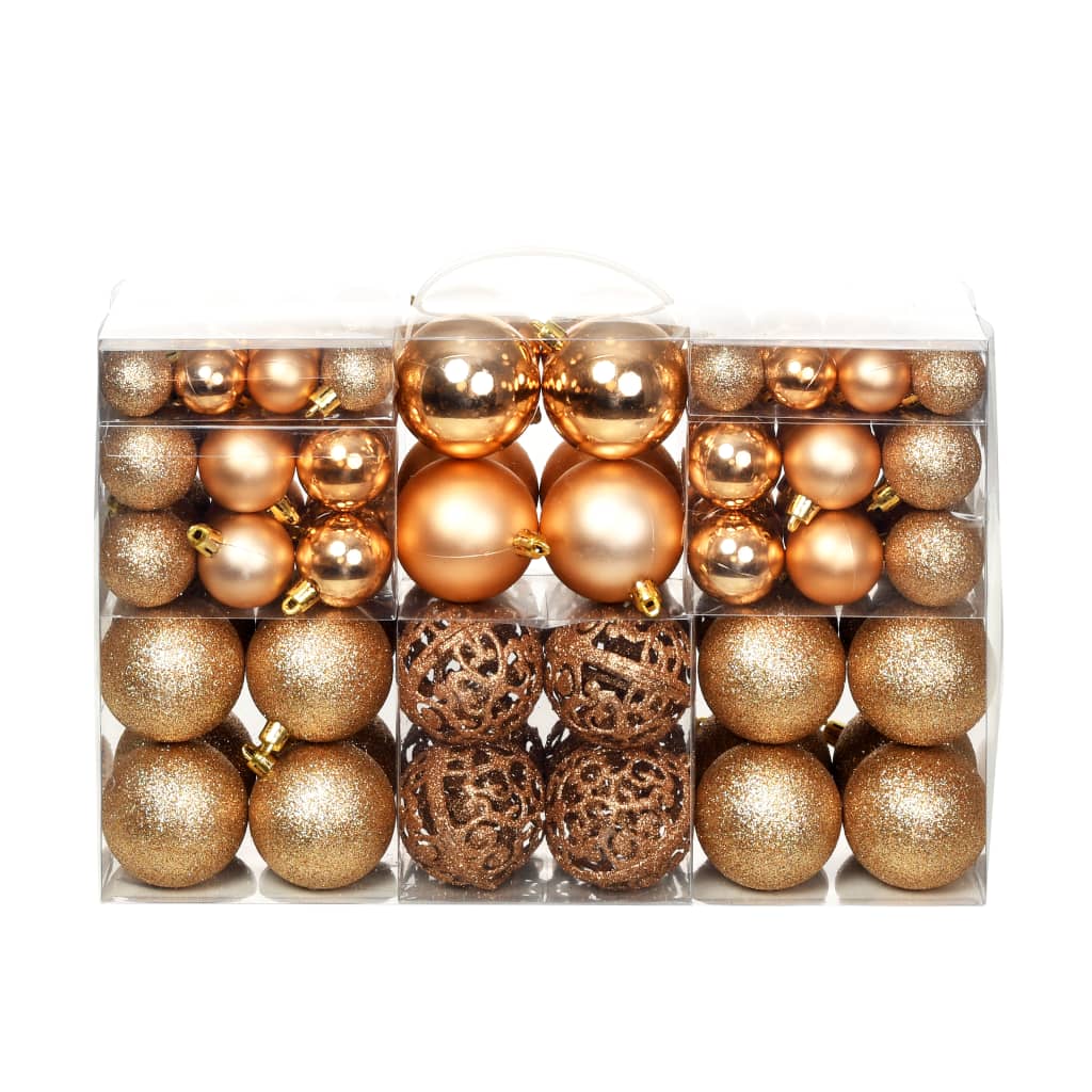 100-piece shatterproof rose gold Christmas ball set in three sizes, displayed in clear packaging.