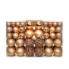 100-piece shatterproof rose gold Christmas ball set in three sizes, displayed in clear packaging.