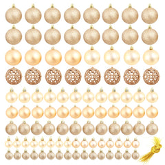 Set of 100 shatterproof rose gold plastic Christmas balls in 1.2, 1.6, and 2.4 inch sizes.