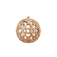 Rose gold shatterproof plastic Christmas ball ornament with intricate filigree design.