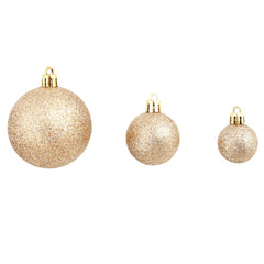 Three rose gold shatterproof plastic Christmas balls in 1.2, 1.6, and 2.4 inch sizes with gold hooks.