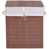 Rectangular brown bamboo laundry hamper with removable white liner and handles.