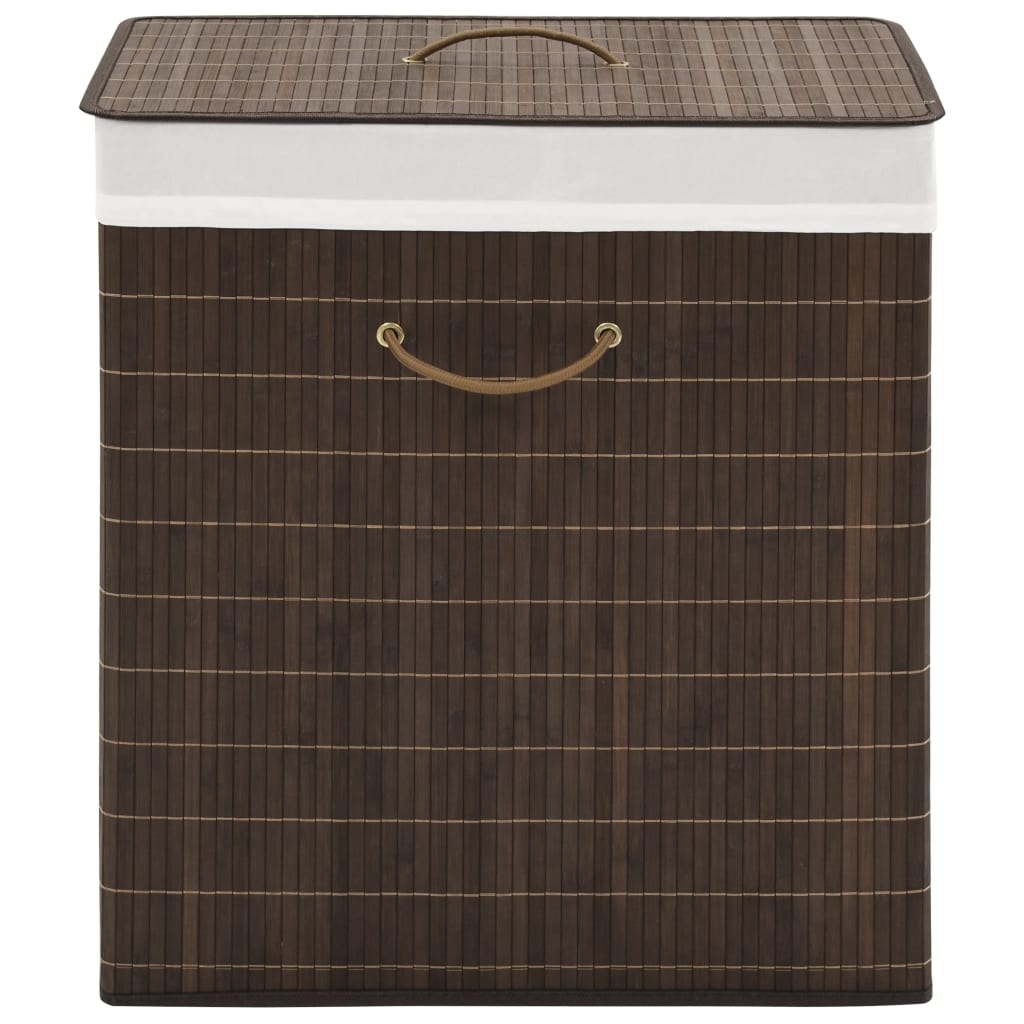 Rectangular dark brown bamboo laundry hamper with handles and removable liner.