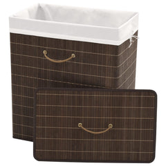 Rectangular dark brown bamboo laundry hamper with white liner and rope handles.