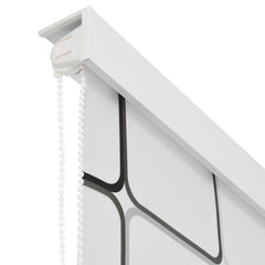 White roller shower blind with black square pattern and pull-cord mechanism on top edge