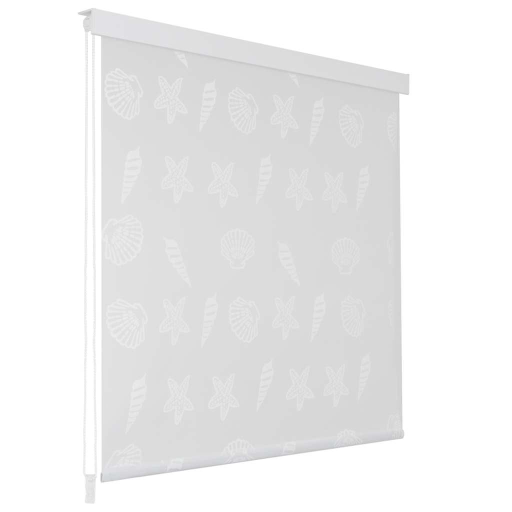 White roller blind with subtle sea star and shell pattern, sized 31.5x94.5 inches.