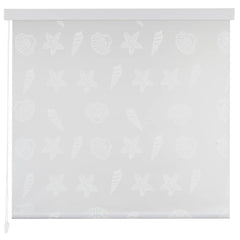 White shower roller blind with sea star and shell patterns, 31.5 by 94.5 inches.