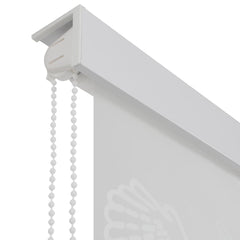 White EVA roller blind with sea star pattern and pull cords for shower use.