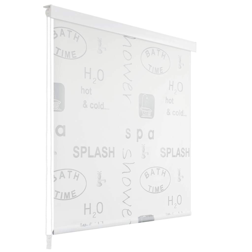 White roller blind with splash design for shower, sized 31.5x94.5 inches.
