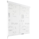 White roller blind with splash design for shower, sized 31.5x94.5 inches.