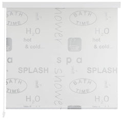 White roller blind with splash design featuring bath, shower, and water motifs, sized 31.5x94.5 inches.