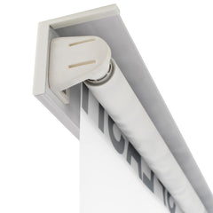 White Bostome shower roller blind with splash design and aluminum mounting bracket