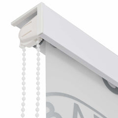 White Bostome shower roller blind with splash design, 31.5x94.5 inches, featuring pull chain.