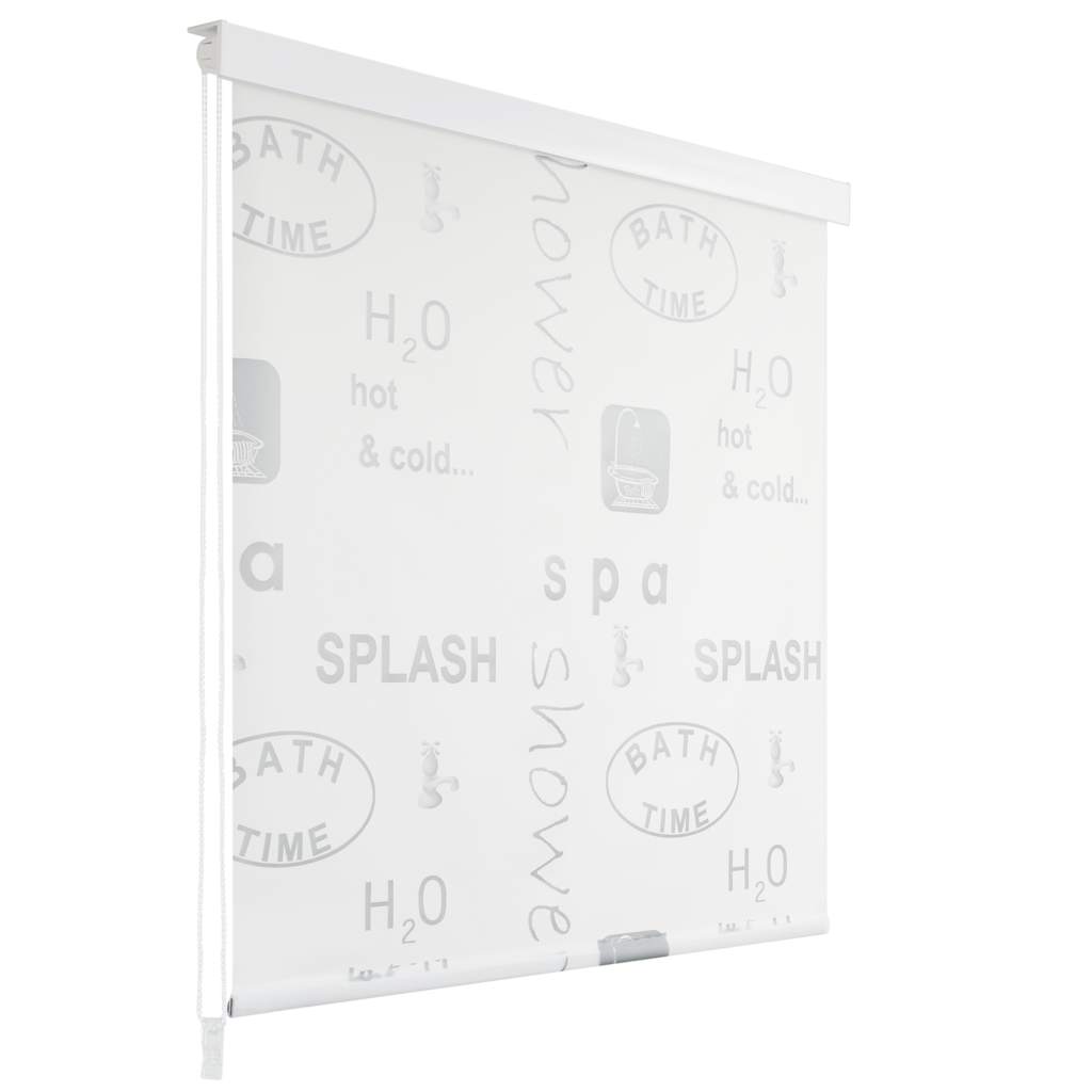 White roller blind with splash design featuring bath time motifs, sized 39.4x94.5 inches.