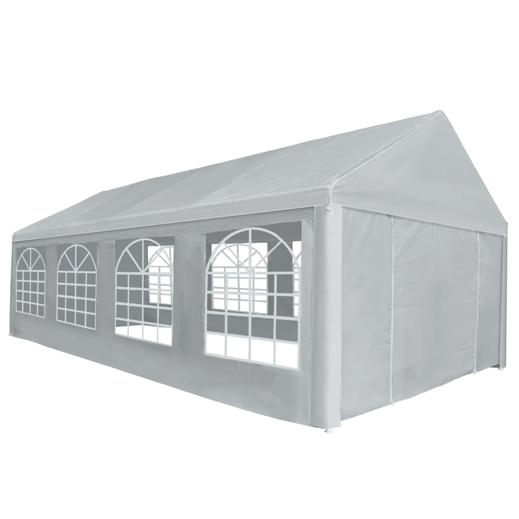 Gray 13.1'x26.2' PE party tent with water-resistant fabric and arched windows.