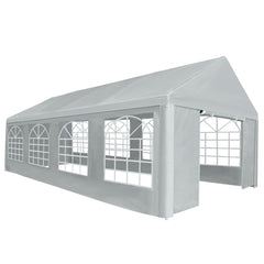 Gray PE party tent with windows and roll-up door, 13.1 by 26.2 feet size.