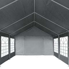 Gray 13.1'x26.2' PE party tent with water-resistant fabric and arched windows.