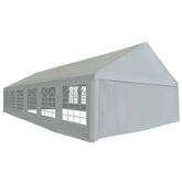 Gray outdoor party tent with large windows and roll-up doors, measuring 19.7'x39.4'.