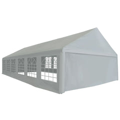 Gray outdoor party tent with large windows and roll-up doors, measuring 19.7'x39.4'.