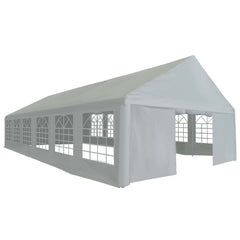 Gray PE party tent with large windows and roll-up doors for outdoor events.