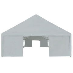 Gray outdoor party tent with large windows and roll-up doors, measuring 19.7'x39.4'.