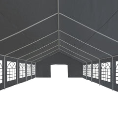 Gray PE party tent with large windows and roll-up doors, measuring 19.7'x39.4'.