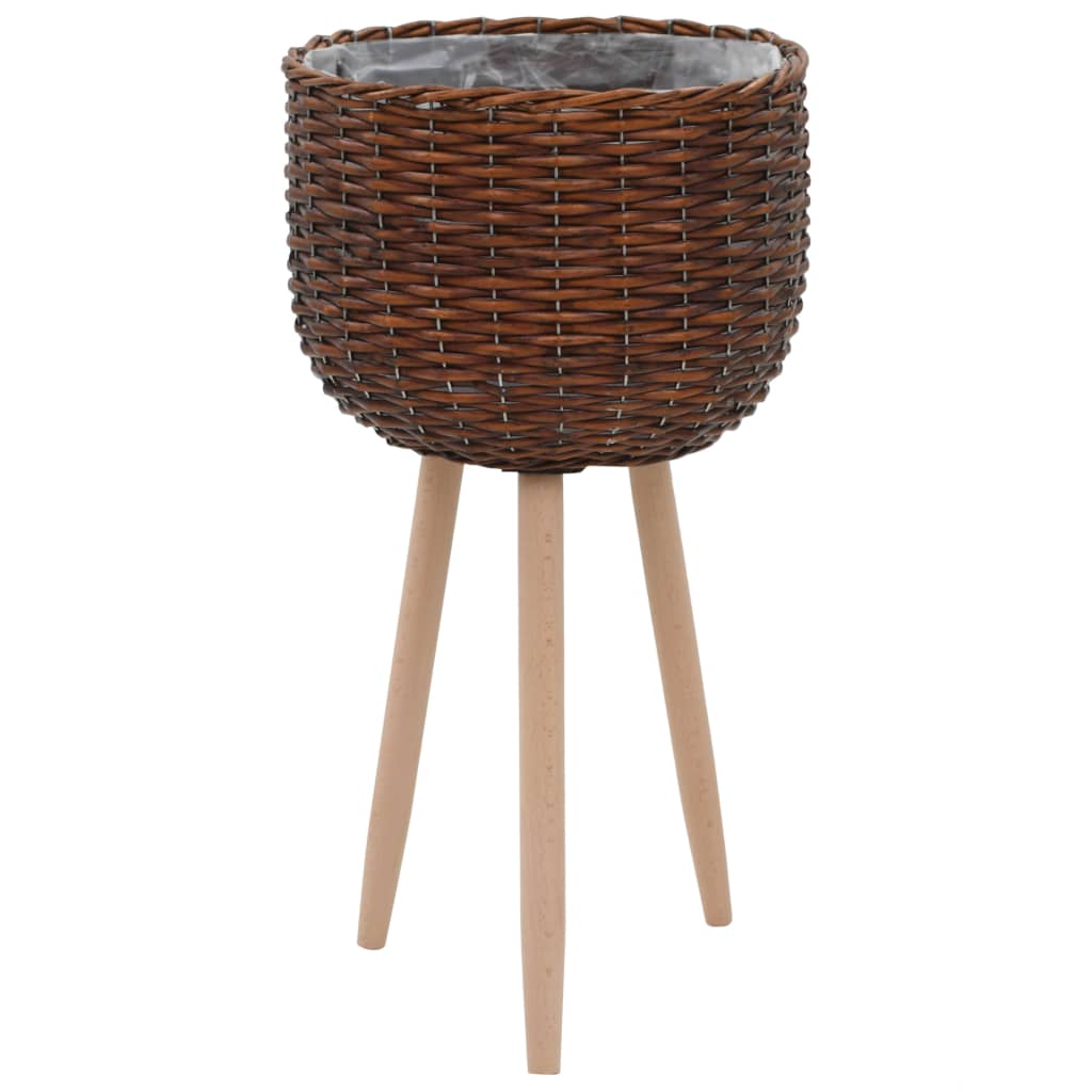 Brown wicker planter with PE lining on three beech wood legs