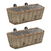 Two 15.7-inch wicker balcony planters with black metal hangers and PE lining.