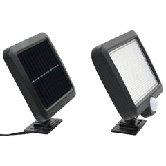 Black solar-powered LED floodlight with motion sensor, shown from two angles.
