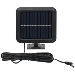 Black solar motion sensor LED floodlight with attached solar panel and cable.