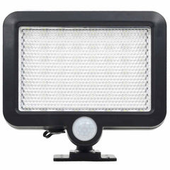 Black rectangular solar motion sensor LED floodlight with white LEDs and mounting bracket.