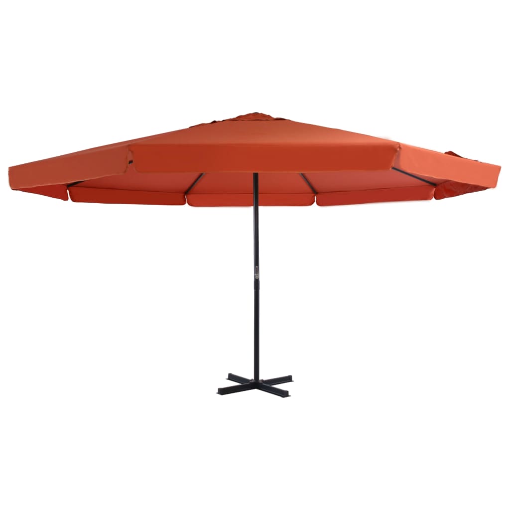 Large terracotta garden parasol with aluminum pole and crank mechanism for shade.