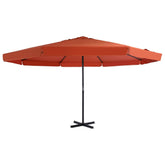 Large terracotta garden parasol with aluminum pole and crank mechanism for shade.