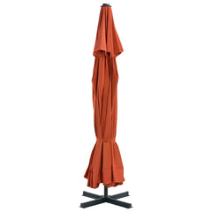 Tall terracotta garden parasol with aluminum pole and weighted base.