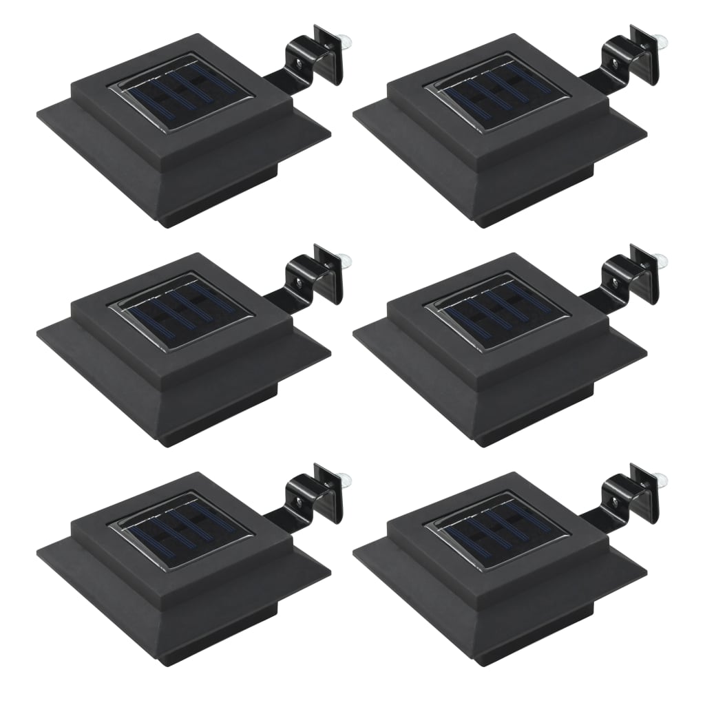 Six black square solar LED outdoor lights, each 4.7 inches, with mounting brackets.