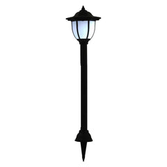 Three black LED solar garden stake lights with white lanterns on tall poles and ground stakes.