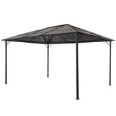 Black aluminum roof gazebo measuring 13.1x9.8x8.5 ft with a sloped polycarbonate top.