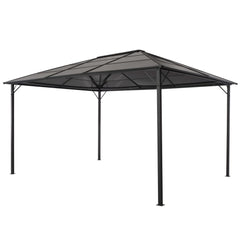 Black aluminum roof gazebo measuring 13.1x9.8x8.5 ft with a sloped polycarbonate top.