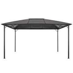 Black aluminum roof gazebo measuring 13.1x9.8x8.5 ft with rectangular frame.