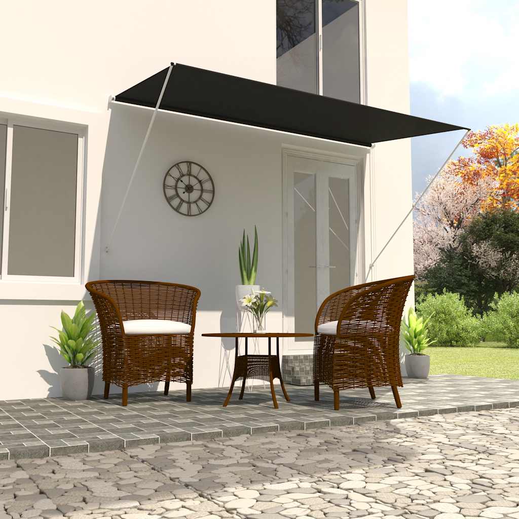 Retractable anthracite awning with steel frame, 137.8 by 59.1 inches, over patio chairs.