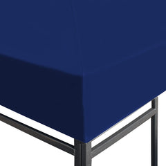 Close-up of a blue polyester gazebo top cover on a black metal frame.