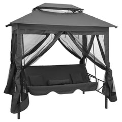 Anthracite outdoor convertible swing bench with canopy, curtains, and pillows.