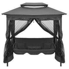 Anthracite outdoor convertible swing bench with canopy and mesh curtains.