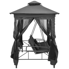 Anthracite outdoor swing bench with canopy, curtains, and cushioned seating for patio use.
