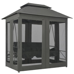 Anthracite outdoor convertible swing bench with canopy, enclosed screens, and cushioned seat.