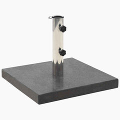 Square black granite parasol base, 62.8 lb, with stainless steel pole holder.