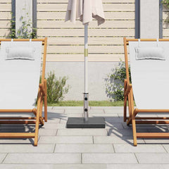 Square black granite parasol base weighing 62.8 lb with castors and adapters.