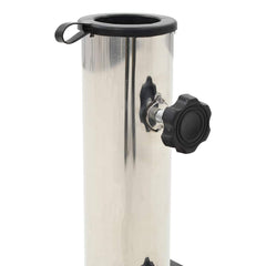 Stainless steel parasol base with black knob and loop handle, cylindrical shape.